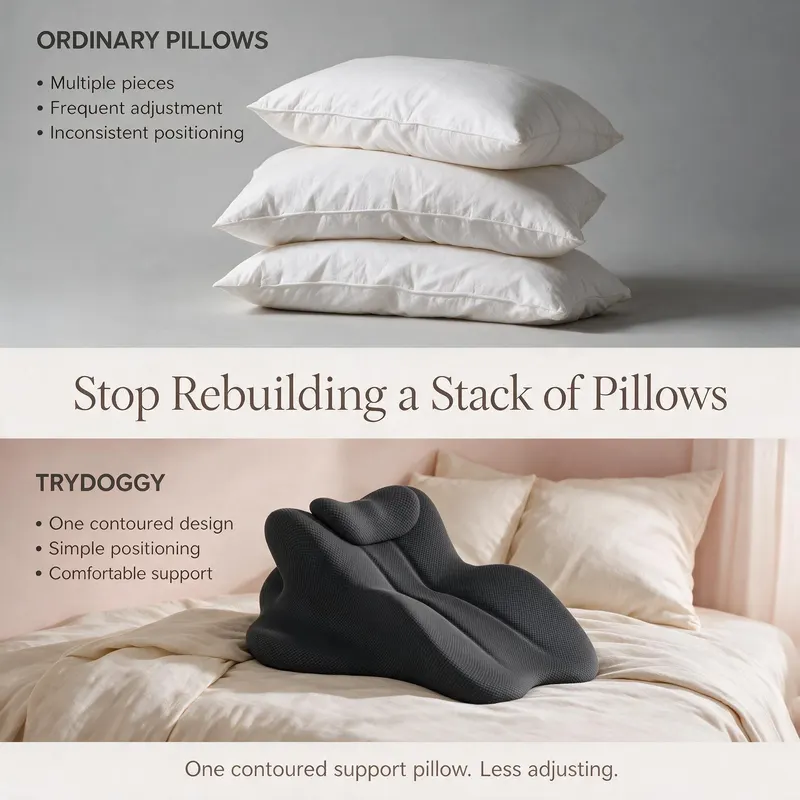 Comparison of a stack of ordinary pillows next to the single contoured TryDoggy pillow