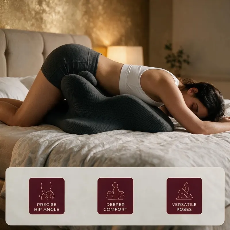 TryDoggy Intimacy Pillow supporting comfortable positioning in a warm bedroom setting